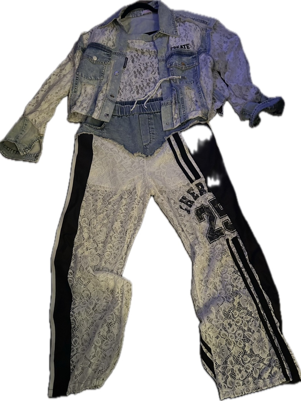 Women's Lace Track Pants with denim & White women’s lace Jacket with denim